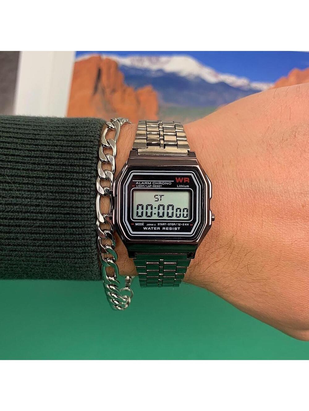 Y2k 2000s style cyber silver stainless steel digital watch. Has adjustable